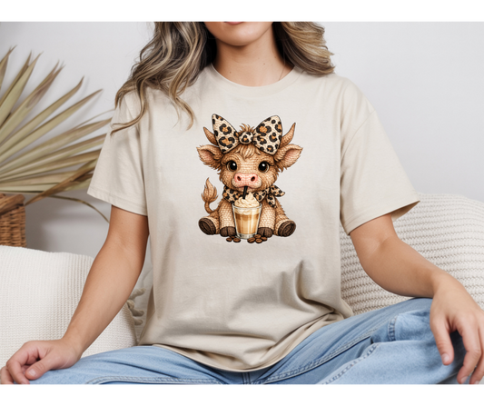 Leopard Bow Highland Cow Coffee Lover T-Shirt – Cute Western Cow Graphic Tee