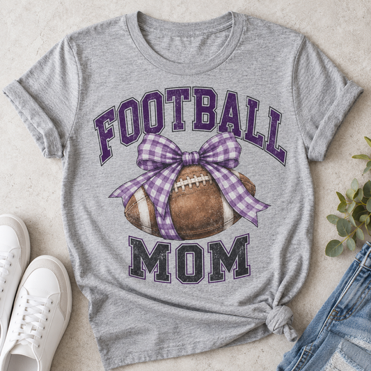 Greencastle Tiger Cubs Football Mom Bow T-Shirt in gray with purple & gray design