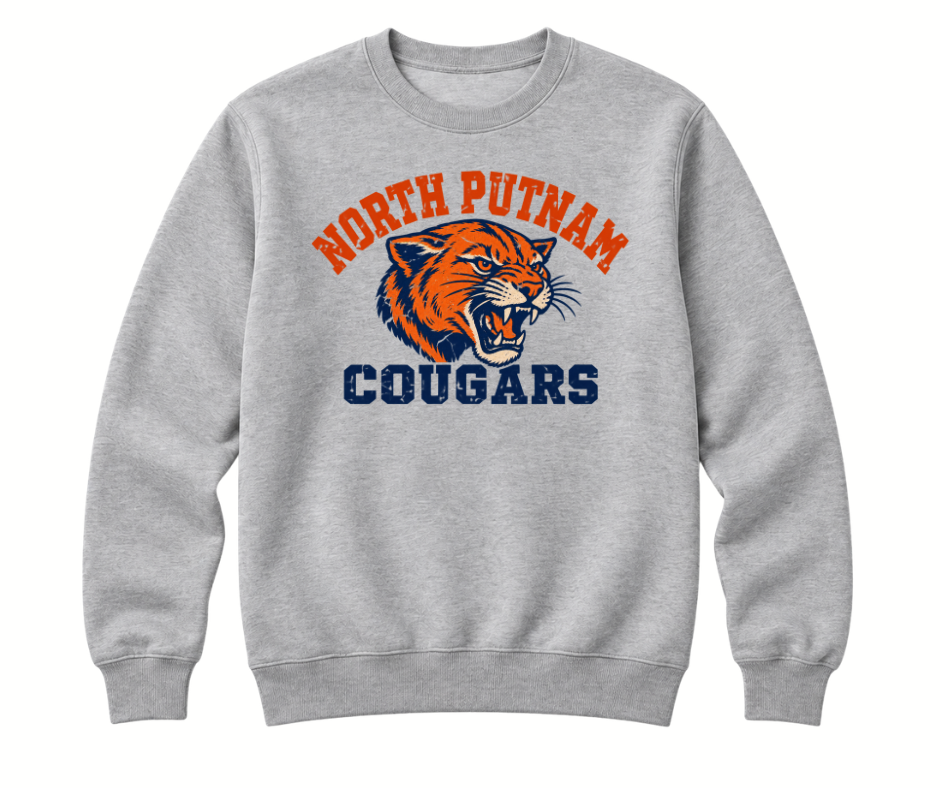 North Putnam Cougars Vintage Mascot gray Crewneck with navy and orange design
