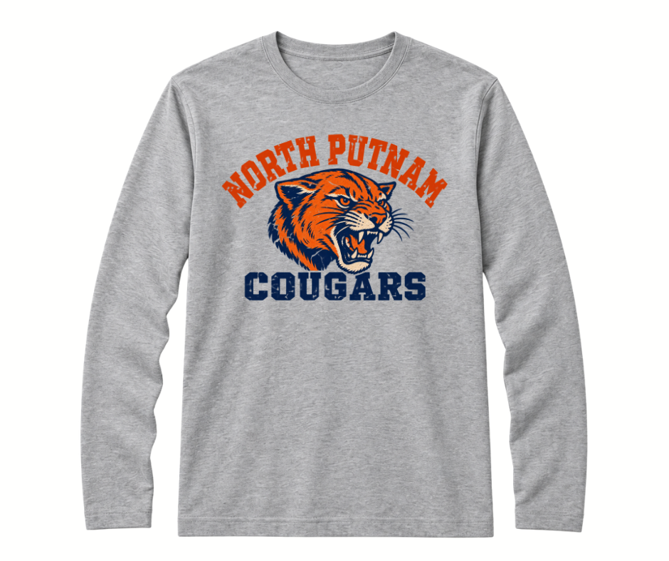 North Putnam Cougars Vintage Mascot gray Long Sleeve Shirt with navy and orange design