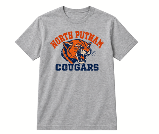 North Putnam Cougars Vintage Mascot gray T-Shirt with navy and orange design
