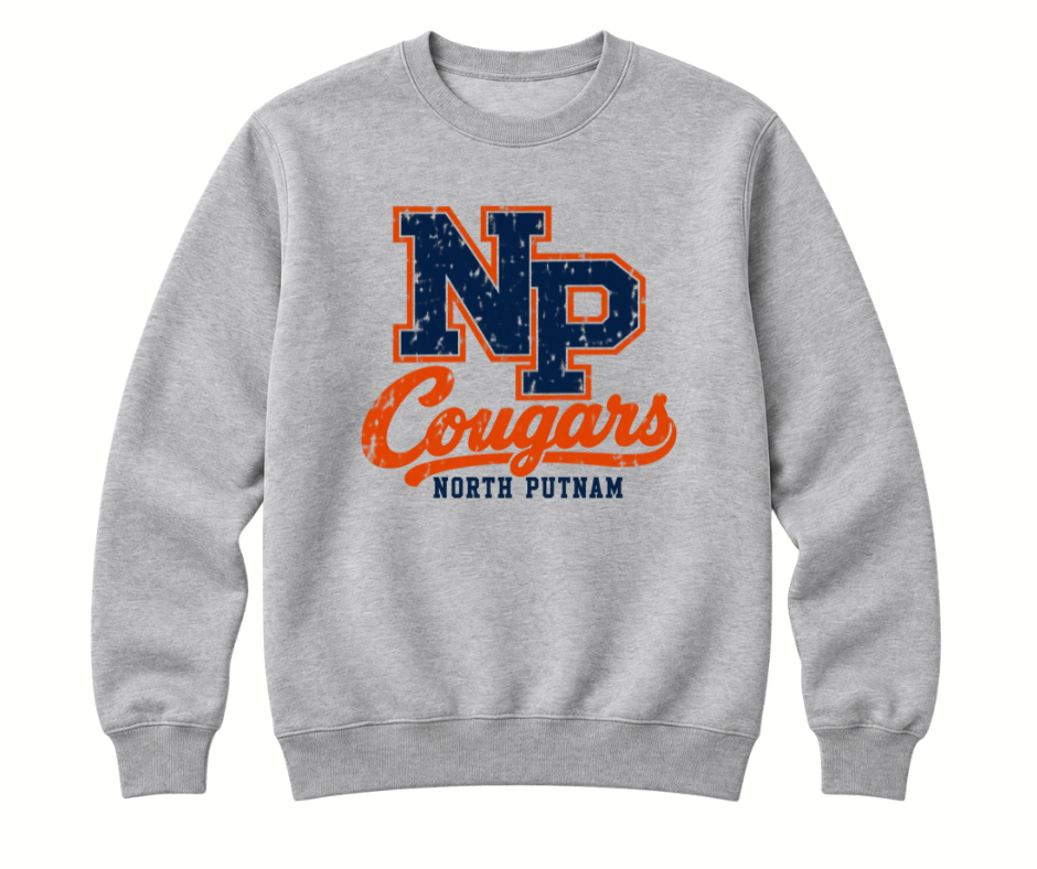 North Putnam Cougars Vintage NP Monogram gray Crewneck with navy and orange design
