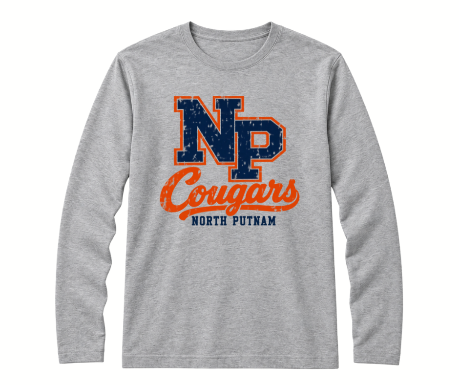 North Putnam Cougars Vintage NP Monogram gray Long Sleeve Shirt with navy and orange design
