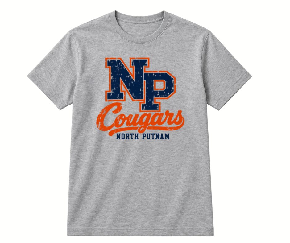 North Putnam Cougars vintage NP monogram gray T-shirt in navy and orange