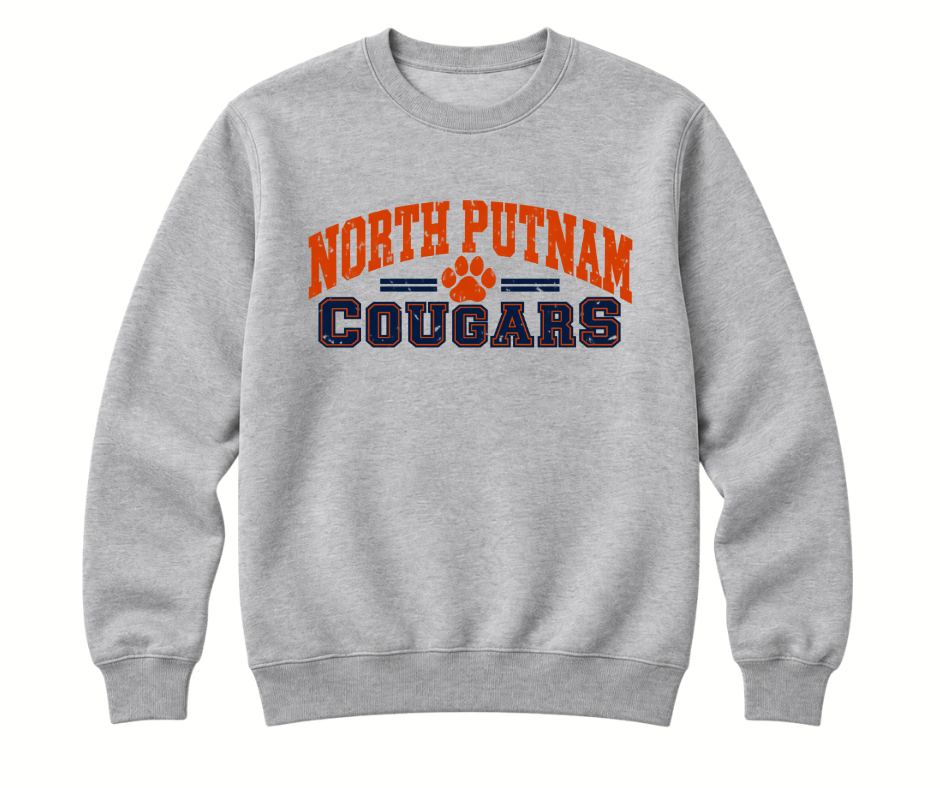North Putnam Cougars Vintage Varsity Paw gray Crewneck with navy and orange design