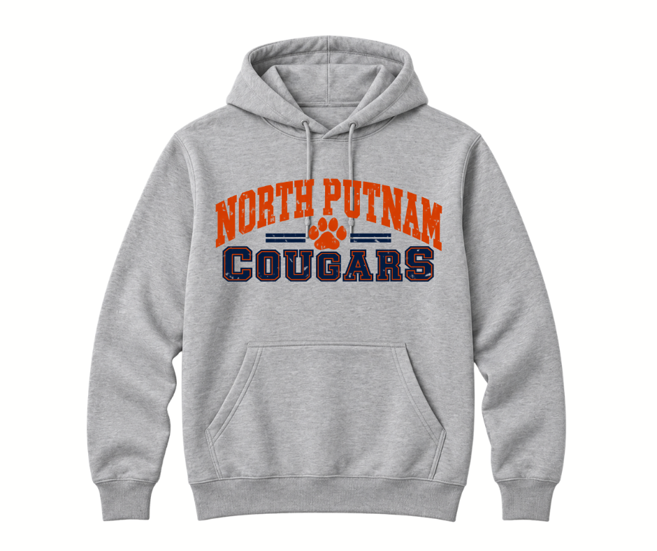 North Putnam Cougars Vintage Varsity Paw gray Hoodie with navy and orange design