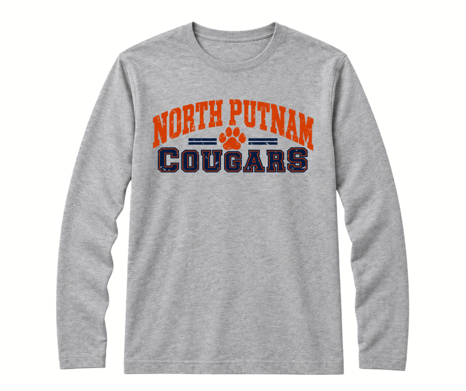 North Putnam Cougars Vintage Varsity Paw gray Long Sleeve Shirt with navy and orange design