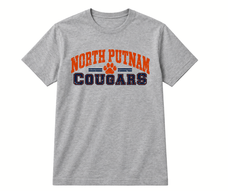 North Putnam Cougars Vintage Varsity Paw gray T-Shirt with navy and orange design