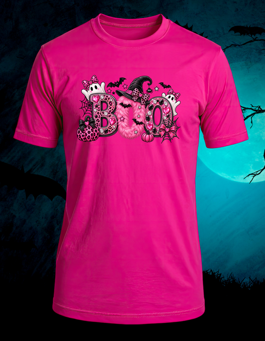 Pink BOO Halloween T-shirt with cute ghosts and leopard-print bows