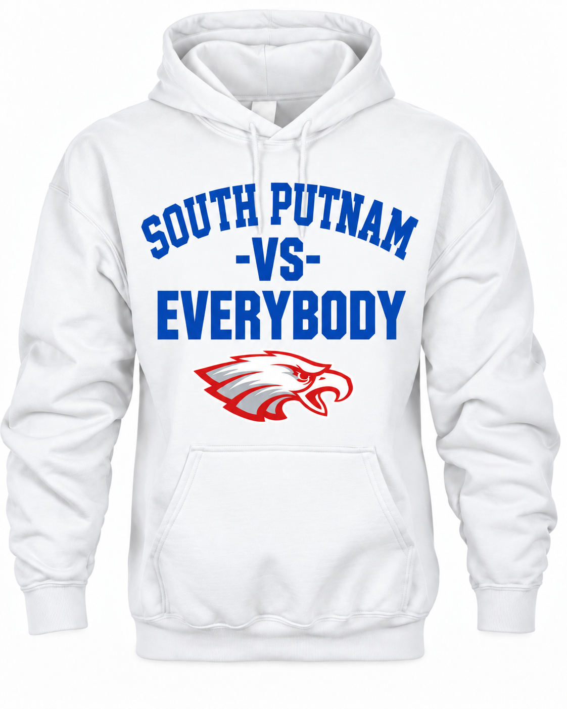 South Putnam VS Everybody white hoodie with royal blue lettering