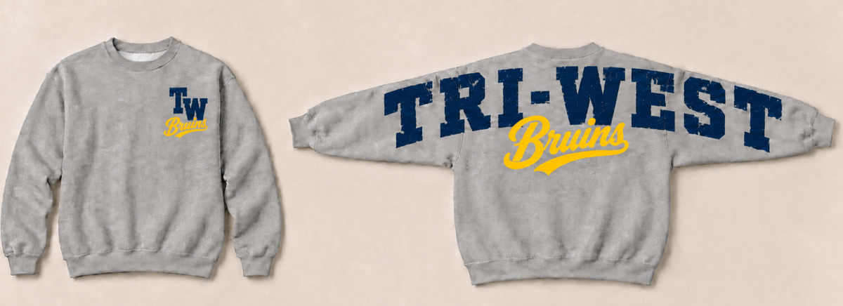 Tri-West Bruins gray crewneck sweatshirt front and arm-to-arm back design in navy and gold